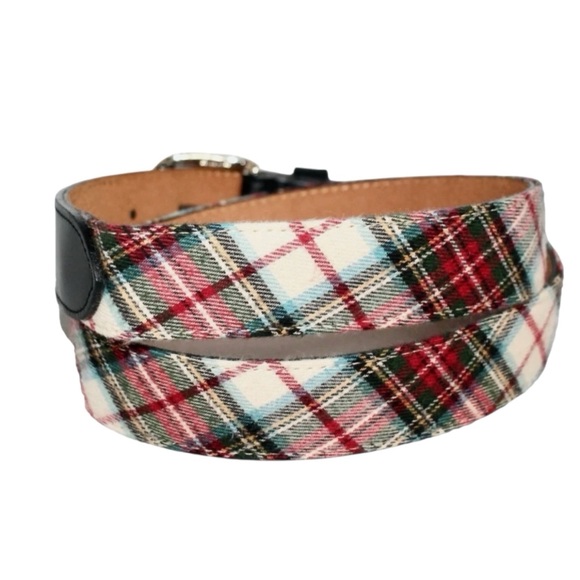 LL Bean Plaid Tartan Canvas Leather Belt – Size M – Red/Cream/Black - Picture 3 of 6